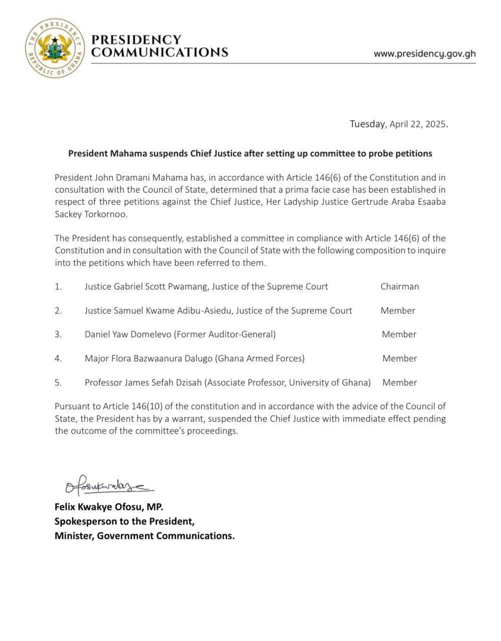 Chief Justice Suspended; Justice Pwamang Chairs committee of Inquiry ...